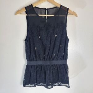 Anthropologie Meadow Rue Black Lace Sequined Sheer Collar Sleeveless Peplum Top